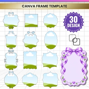 Puede incluir: Una colección digital de 30 plantillas de marcos Canva Coquette Bow Border con varias formas y fondos de cielo azul claro y paisaje verde. Incluye un marco decorativo grande de color morado con lazos de cinta y detalles florales. Texto: COQUETTE BOW BORDER, CANVA FRAME TEMPLATE, 30 DESIGN, JPG, PNG, SVG, PDF.