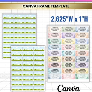 May include: An editable address label Canva frame template featuring sheets of rectangular labels. One sheet shows landscape placeholders, while the other displays labels with floral designs and text reading YOUR NAME 1234 ANYWHERE STREET. Size 2.625"W x 1"H.