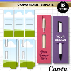 Puede incluir: Una plantilla de marco de Canva editable para fundas de bolígrafos con dos variaciones de diseño. El diseño incluye plantillas planas con un patrón de cielo azul y paisaje verde, junto a dos fundas rectangulares verticales en rosa y morado.