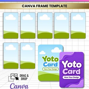 May include: A digital Yoto card editable template for Canva featuring multiple rectangular frames with a cloud and landscape graphic. The design includes text reading YOTO CARD EDITABLE TEMPLATE, CANVA FRAME TEMPLATE, Yoto Card Here Your Design, and file formats JPG, PNG, SVG, PDF.