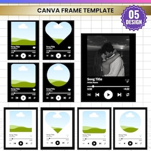 Peut inclure: Un modèle de cadre Canva numérique présentant cinq designs de lecteur de musique avec diverses formes de cadre photo, y compris carré, cœur et cercle. La mise en page comprend des commandes de lecture, des espaces pour le titre et l'artiste.