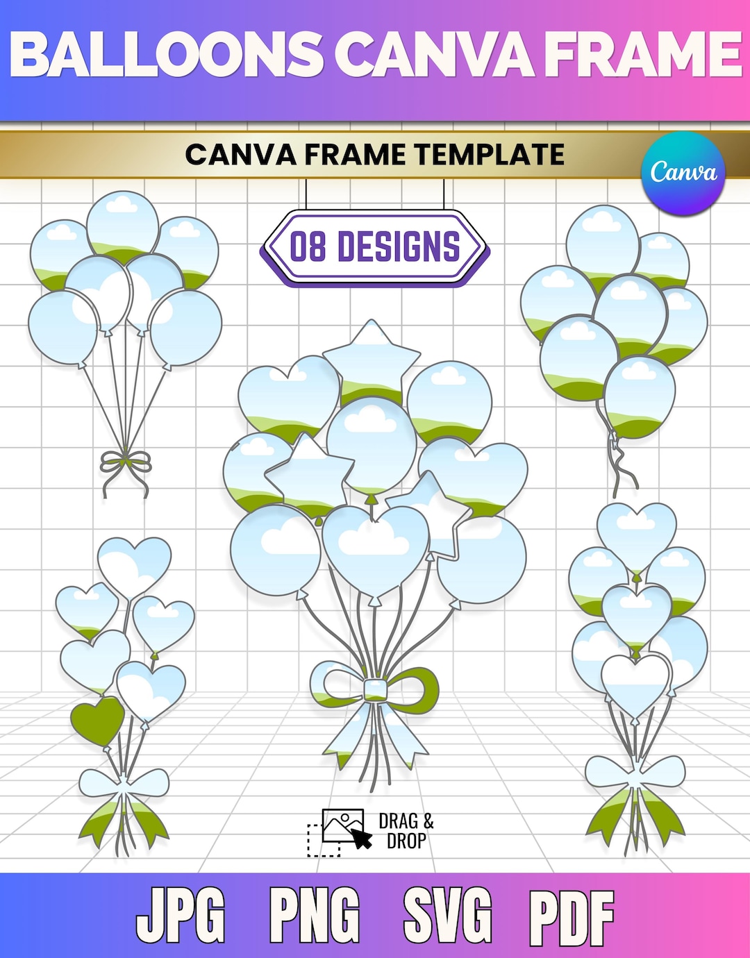 Balloons Canva Frame Template, Editable Balloon Photo Frames, Balloon ...