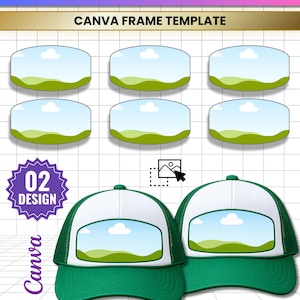 May include: A digital hat patch template featuring six oval frames with a landscape graphic of green hills and a blue sky with clouds. Below, two green and white trucker hats display the same landscape graphic. Text includes HAT PATCH TEMPLATE.