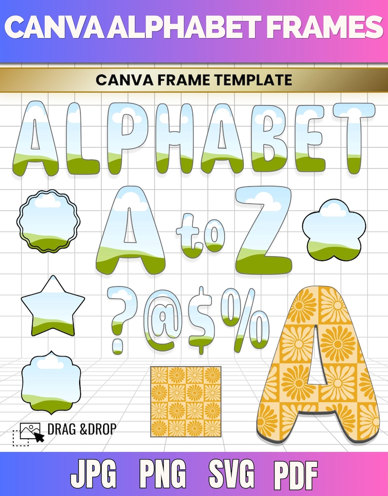Canva Alphabet Frames, Preppy Doodle Letters Uppercase Lowercase ...