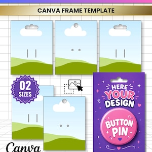 Pode incluir: Um modelo de moldura Canva para cartões de exibição de botões, com vários cartões retangulares apresentando um céu azul e colinas verdes, incluindo um cartão roxo de exemplo com o texto HERE YOUR DESIGN BUTTON PIN.