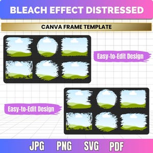 May include: A digital Canva frame template featuring bleach effect distressed edges. The graphic displays two black rectangular panels containing six varied brush-stroke frames each, showcasing a landscape scene with a blue sky and green hills.
