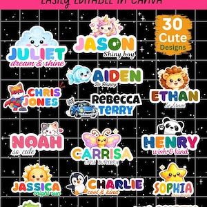 May include: A collection of editable school labels featuring colourful cartoon characters like unicorns, animals, and cars. The text includes names such as Juliet, Jason, Aiden, Ethan, Chris Jones, Rebecca Terry, Noah, Carrisa, Henry, Jessica, Charlie, Sophia, Tristain, Lauren, and Jacob.