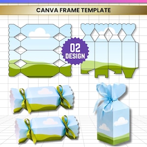 Pode incluir: Um modelo digital para caixa de doces com dois designs apresentando um padrão de céu azul claro, nuvens brancas e colinas verdes. O conjunto inclui layouts planos e exemplos montados com fitas verdes. O texto diz CANDY BOX EDITABLE.