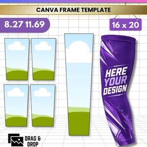 Peut inclure: Un modèle de cadre Canva pour sublimation de manchette avec le texte ARM SLEEVE SUBLIMATION, CANVA FRAME TEMPLATE, 8.27 11.69, 16 x 20, DRAG & DROP, JPG, PNG, SVG, PDF. Inclut quatre petits et un grand contour de manchette avec un paysage.