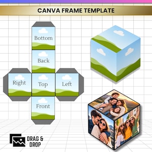 May include: An editable photo cube Canva frame template featuring a flat cross-shaped layout with labeled sides and a 3D assembled cube showing landscape graphics. A second 3D cube displays various family and group photographs. Text includes PHOTO CUBE EDITABLE, CANVA FRAME TEMPLATE, DRAG & DROP, JPG, PNG, SVG, PDF.