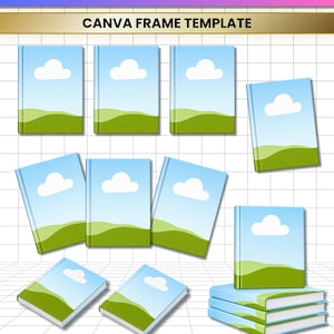 May include: A digital collection of editable book mockups featuring a Canva frame template. The graphic displays multiple book covers in various orientations, including upright, angled, and stacked, all showing a blue sky with a white cloud.
