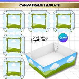 May include: A digital food tray template featuring the text FOOD TRAY EDITABLE and CANVA FRAME TEMPLATE. The design includes five flat-lay layouts and one assembled white tray with a blue sky, white clouds, and green hills graphic pattern.