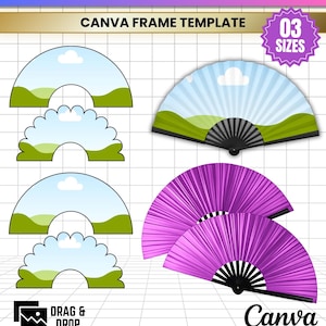 Può includere: Un modello digitale per ventaglio clack con cornici Canva modificabili in tre dimensioni. Il design include forme di ventaglio piatte con cielo blu, nuvola bianca e colline verdi, insieme a due ventagli pieghevoli di colore viola.