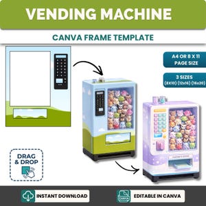 Può includere: Un modello di cornice Canva con distributori automatici. Il design include un distributore automatico blu e verde pieno di peluche e un distributore automatico viola con la scritta "FRIEND'S DOOR". Il modello offre formati A4 o 8 x 11 e 3 dimensioni: (20x25cm) (30x40cm) (40x50cm).