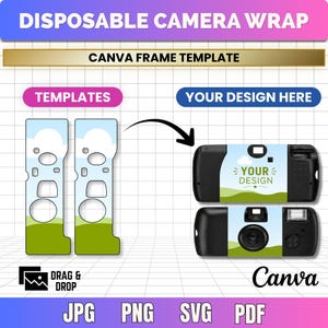 Op de afbeelding: Een digitale Canva-frame-sjabloon voor wegwerpcamera-wraps met twee platte lay-outs inclusief uitsparingen en twee zwarte camera's die de aangebrachte wrap tonen. Het ontwerp bevat een blauwe lucht, witte wolken en groene heuvels.