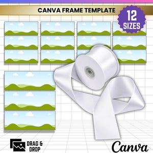 May include: A digital template for ribbon sublimation featuring 12 sizes, labeled 12X RIBBON SUBLIMATION and CANVA FRAME TEMPLATE. The graphic displays a white ribbon spool, a grid background, and landscape placeholders. Text includes DRAG & DROP, Canva, JPG, PNG, SVG, PDF.