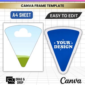 May include: A digital Canva frame template for a pizza box, featuring a triangular shape on an A4 sheet. The design includes a blue placeholder with the text YOUR DESIGN and a second triangular frame showing a sky and grass graphic. Includes file formats JPG, PNG, SVG, and PDF.