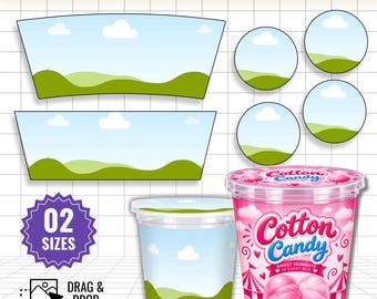 綿菓子ラベルのCanvaテンプレート、綿菓子容器包装テンプレート、綿菓子蓋ステッカー、印刷可能な綿菓子ラベル