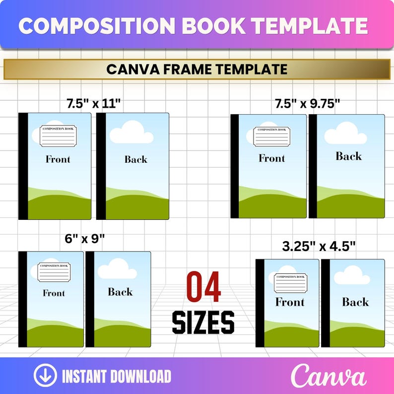 Composition book template size chart with 4 sizes from 7.5 by 11 inches to 3.25 by 4.5 inches