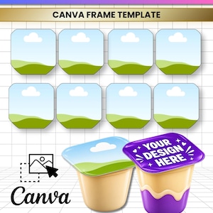 Pode incluir: Um modelo digital para etiquetas de pudim com o texto PUDDING LABEL EDITABLE e CANVA FRAME TEMPLATE. Inclui oito molduras quadradas com cantos arredondados, dois mockups de copos de pudim e o texto YOUR DESIGN HERE.