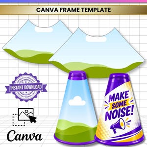 May include: A digital megaphone wrap template featuring two flat, curved shapes with green landscape patterns and two conical megaphone mockups. One cone displays a blue sky with a cloud, and the other features the text MAKE SOME NOISE with a megaphone icon.