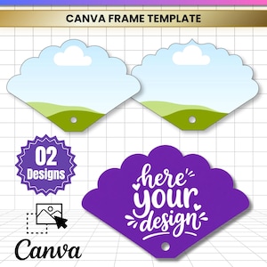 May include: A scalloped hand fan Canva frame template featuring two fan shapes with a blue sky and green landscape design, and one purple fan shape with the white text here your design. Includes 02 designs, Canva logo, and file formats.