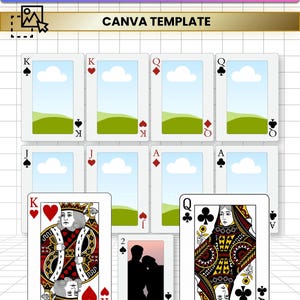 May include: A digital custom playing card template for Canva featuring multiple card layouts with placeholder images of clouds and hills, alongside two finished playing cards showing a King of Hearts and a Queen of Clubs, with the text 02 Design Available.