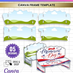 May include: A digital template set for a memorial bench featuring five designs. The graphics include four blank landscape frames with blue skies and green hills, and one assembled bench with red, white, and blue Memorial Day text and flags.