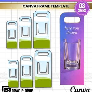 May include: A digital Canva frame template for a shot glass holder featuring three sizes. The design includes a gradient purple and blue background with the text here you design and a clear glass. The file formats include JPG, PNG, SVG, and PDF.
