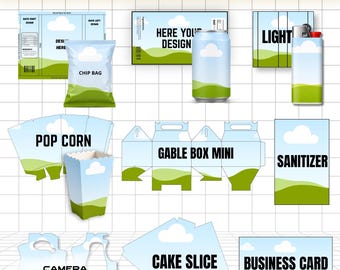 May include: A digital collection of 25 editable party favor templates featuring a blue sky and green hill pattern. Includes layouts for chip bags, soda cans, lighters, popcorn boxes, gable boxes, sanitizer bottles, cameras, cake slices, and business cards.