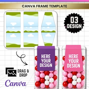 Puede incluir: Una plantilla de marco Canva para envoltorios de cajas de mentas con tres diseños, dos recipientes de plástico transparente con caramelos rojos, rosas y blancos, y texto que dice MINT BOX WRAPPER, 03 DESIGN, HERE YOUR DESIGN y DRAG & DROP.