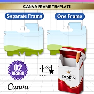 Könnte beinhalten: Eine digitale Vorlage für eine Zigarettenschachtel mit dem Text CIGARETTE BOX EDITABLE und CANVA FRAME TEMPLATE. Sie enthält zwei Layout-Optionen, ein 3D-Modell einer weiß-roten Schachtel mit einer Zigarette sowie den Text 02 DESIGN und Canva.