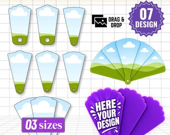 May include: A digital template set for petal fans featuring seven distinct designs in three sizes. The graphic includes individual fan blades with a sky and grass pattern, a fully assembled fan, and purple blades with the text HERE YOUR DESIGN.
