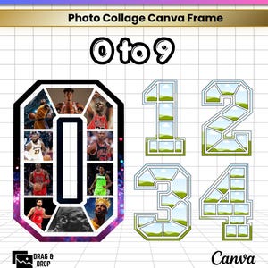 May include: A digital sports number photo collage Canva frame set featuring numbers 0 to 9. The number 0 is filled with basketball player images, while numbers 1 through 4 show empty grid frames. Includes text labels: SPORTS NUMBER, 0 to 9, DRAG & DROP, Canva, JPG, PNG, SVG, PDF.