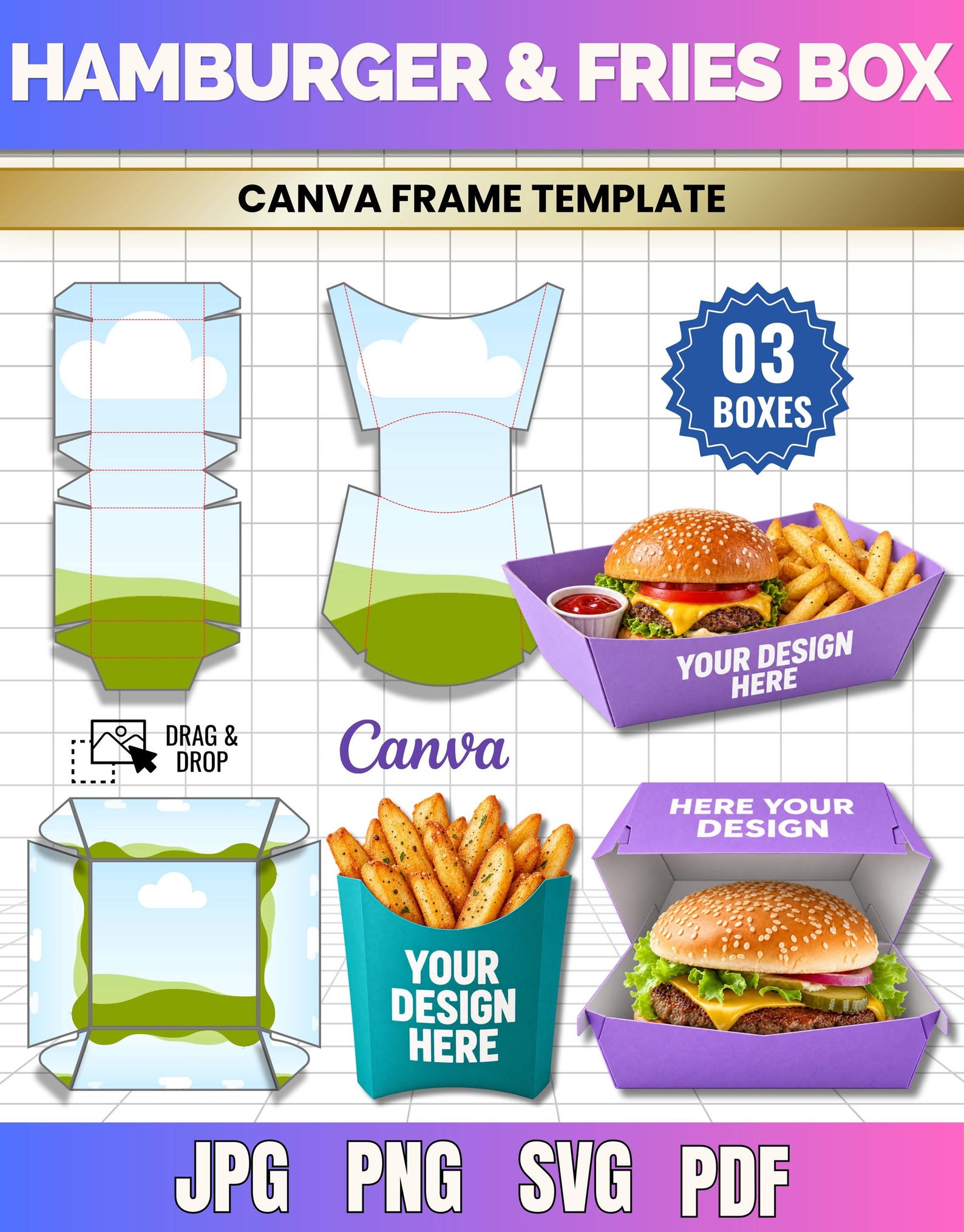 Food Box Template Bundle Canva, Burger Box SVG, French Fry Box Template ...