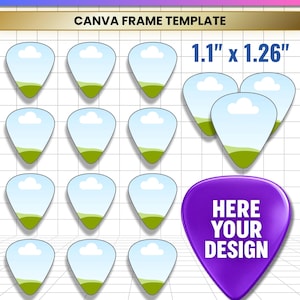 Puede incluir: Una plantilla digital para púas de guitarra con el texto GUITAR PICK EDITABLE CANVA FRAME TEMPLATE. Muestra doce marcos de púas azul claro con un gráfico de paisaje y una púa morada con el texto HERE YOUR DESIGN.