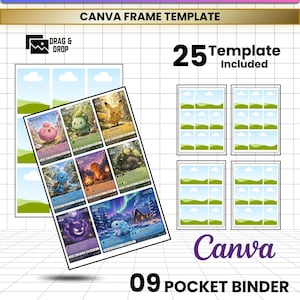 Könnte beinhalten: Eine digitale Michi Method Vorlage für einen 9-Pocket-Ordner mit 25 Canva-Rahmen. Das Layout zeigt ein Raster von Sammelkarten mit verschiedenen Kreaturendarstellungen, darunter Pikachu, Squirtle und Gengar, sowie leere Platzhalterrahmen.