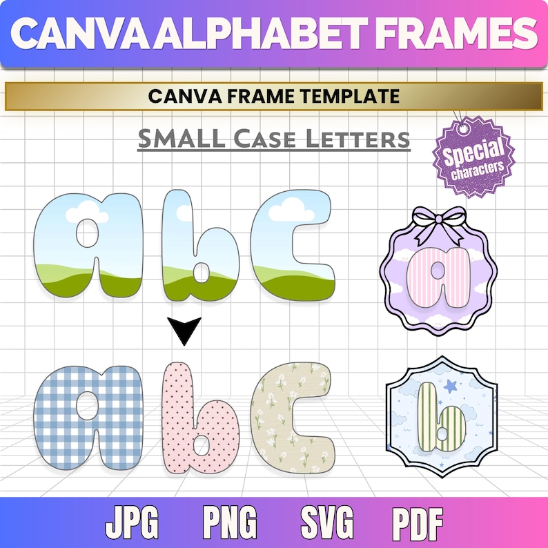 Canva Alphabet Frames, Preppy Doodle Letters Uppercase Lowercase ...