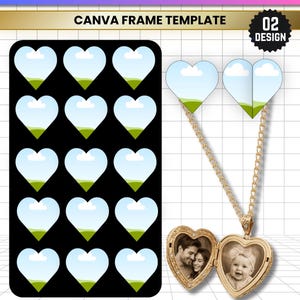 May include: A digital Canva frame template for a photo heart locket featuring a black rectangular grid of fifteen heart-shaped placeholders and a gold-toned heart locket necklace with two open sides displaying black and white portrait photographs.
