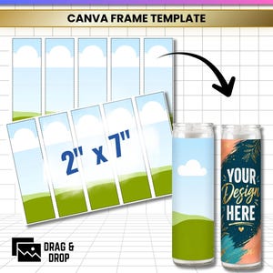 May include: A Canva frame template for a tall prayer candle featuring a 2 inch by 7 inch layout. The graphic shows a grid of rectangular frames with a sky and grass design, a sample candle with a cloud, and a candle with the text YOUR DESIGN HERE.