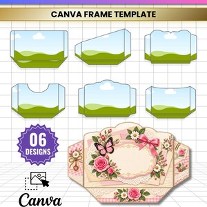 Puede incluir: Un conjunto de plantillas digitales para bolsillos de diario con seis formas de marco distintas y un marcador de posición de paisaje. Incluye un ejemplo floral con una mariposa, rosas rosas y un lazo. Texto: JUNK JOURNAL POCKET EDITABLE, CANVA FRAME TEMPLATE, 06 DESIGNS, Canva, JPG, PNG, SVG, PDF.