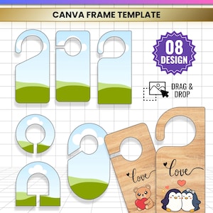 May include: Editable closet divider templates featuring eight designs. Includes various shapes with blue sky and green hill graphics, plus two wood-grain designs with bear and penguin illustrations and the text "love". Files include JPG, PNG, SVG, and PDF.