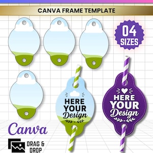 May include: A digital template set for straw tags featuring four blank shapes with a sky and grass background, one light blue tag with the text HERE YOUR Design, and one purple tag with the text HERE YOUR Design and a white heart icon.