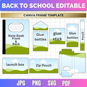 May include: A digital Canva frame template for back to school supplies featuring a landscape design with green hills and blue skies. Includes outlines for a notebook, glue bottles, glue stick, pencil, lunch box, zip pouch, and a box container.