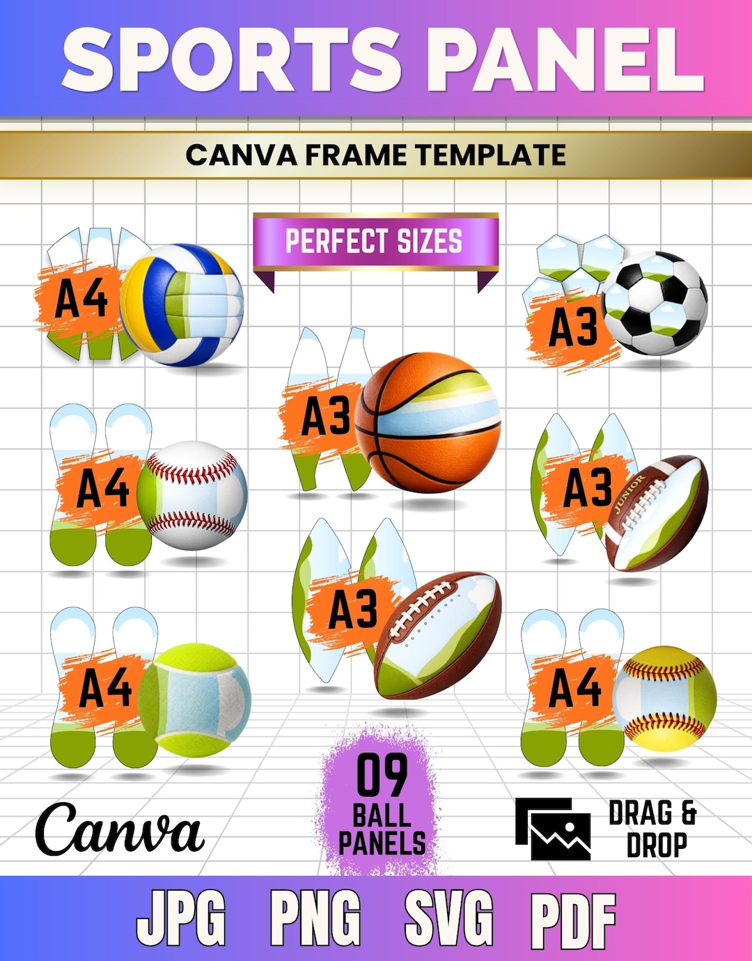 Sports Ball Panel Template Bundle Canva Editable, Soccer Basketball ...