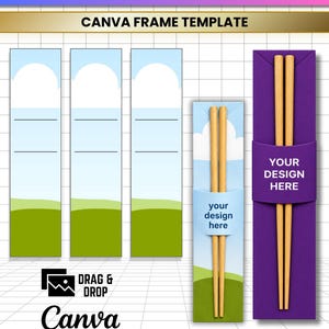 May include: An editable digital template for a chopsticks sleeve featuring three blank vertical panels with a sky and grass graphic, and two examples of finished sleeves holding wooden chopsticks with the text your design here.