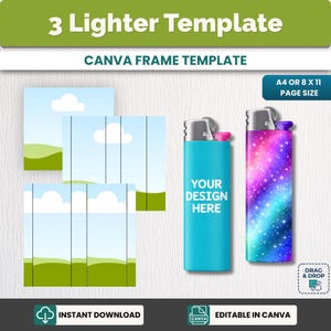 Może przedstawiać: Szablon zapalniczki z tekstem "3 Lighter Template" i "Canva Frame Template". Obraz przedstawia dwie zapalniczki, jedną niebieską z napisem "Your Design Here" i jedną z galaktycznym wzorem. Zawiera tekst "Instant Download" i "Editable in Canva".