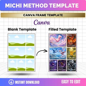 Könnte beinhalten: Eine digitale Michi Method Canva-Rahmenvorlage mit einem leeren Rasterlayout auf der linken Seite und einer gefüllten Version mit sechs Sammelkarten auf der rechten Seite. Das Design enthält den Text Michi Method Template, Canva Frame Template und Instant Download.