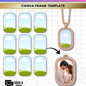 Puede incluir: Una plantilla de marco Canva para collar rectangular giratorio con una cuadrícula de nueve marcadores de posición rectangulares redondeados. El diseño incluye un colgante de oro rosa con cadena, vacío y con una foto de pareja, y texto drag and drop.