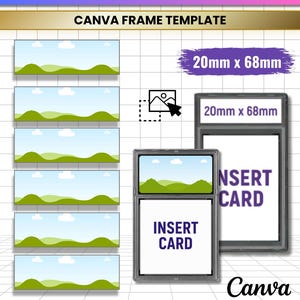 May include: A digital template for PSA name labels measuring 20mm x 68mm, featuring a Canva frame design. The layout includes six rectangular landscape placeholders with a sky and hill graphic, alongside two vertical frames labeled INSERT CARD.